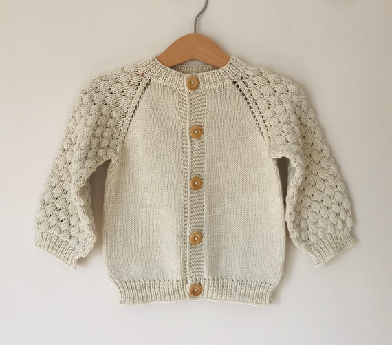 CREAM PATTERNED KNITTED SWEATER IN COTTON, BABY CREAM PATTERNED KNITTED SWEATER IN COTTON, BABY