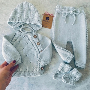 Hand Knit Going Home Outfit Boy Winter Fall: Organic Cotton Baby Blue Sweater Set