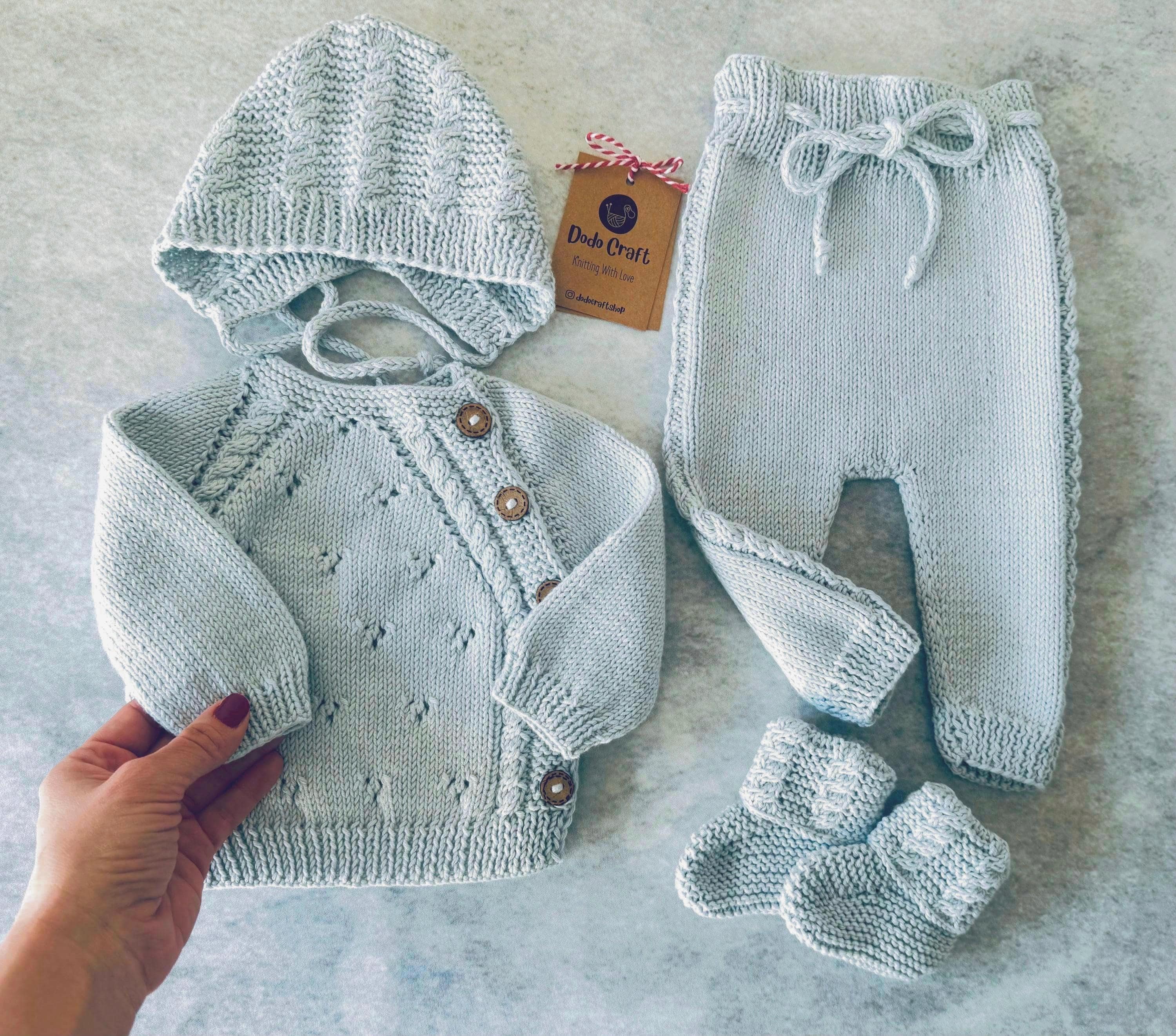 Hand Knit Going Home Outfit Boy Winter Fall: Organic Cotton Baby Blue Sweater Set