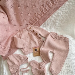 Hand Knitted Organic Cotton Newborn Outfit: Baby Girl Coming Home Set
