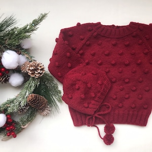 Hand Knit Merino Wool Kids Sweater and Hat Set: Red Popcorn Knit