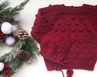 Knit Kids Sweater and Winter Hat Set | Wool Kids Sweater | Wool Winter Hat | Merino Wool Sweater | Red Wool Knit Sweater | Knit Baby Sweater