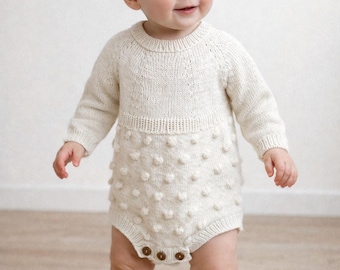 Hand Knit Organic Cotton Baby Romper: Popcorn Sweater Outfit
