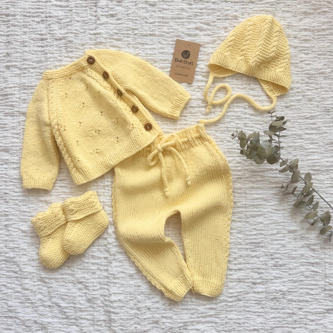 Organic Cotton Knit Newborn Coming Home Outfit: Yellow Knit Baby ...