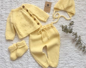 Organic Cotton Knit Newborn Coming Home Outfit: Yellow Knit Baby Clothes