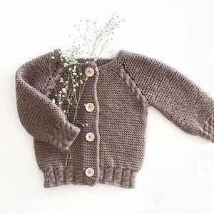 Hand Knit Baby Merino Wool Cardigan: Natural Coconut Buttons