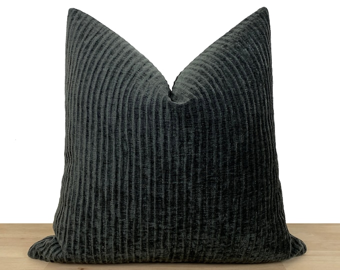 Textured Anthracite Pillow Cover, Dark Gray Thick Double Side Pillow Cover, Striped Euro Sham Cover, Farmhouse Deco Cushion | All Sizes