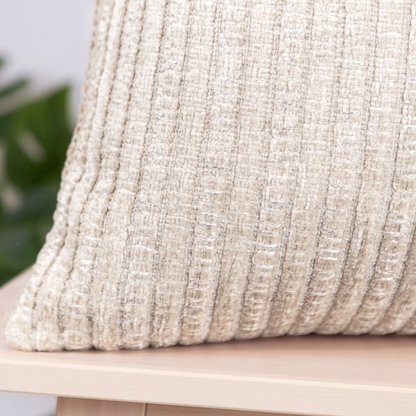 Neutral Textured Pillow Cover, Striped Euro Sham, Creamy Beige Pillow, Neutral Throw Pillow, Textured Striped Thick Soft Fabric | All Sizes