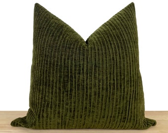 Dark Olive Green Pillow Cover • Striped Green Euro Sham Cover • Textured Striped Soft Fabric • Green Striped Throw Pillow •• All Sizes