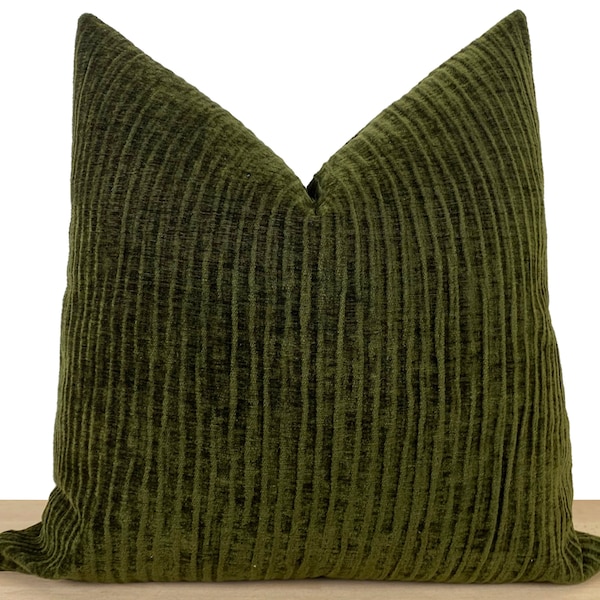 Dark Olive Green Pillow Cover • Striped Green Euro Sham Cover • Textured Striped Soft Fabric • Green Striped Throw Pillow •• All Sizes