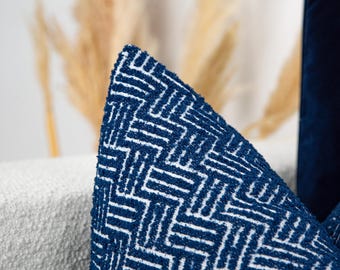 Deep Blue Textured Pillow Cover | Geometric Woven Cushion, Euro Sham Available