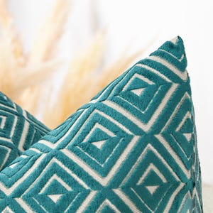 Teal Geometric Pillow Cover | Textured Cut Velvet Pillow Cover, We Pay Duty for USA