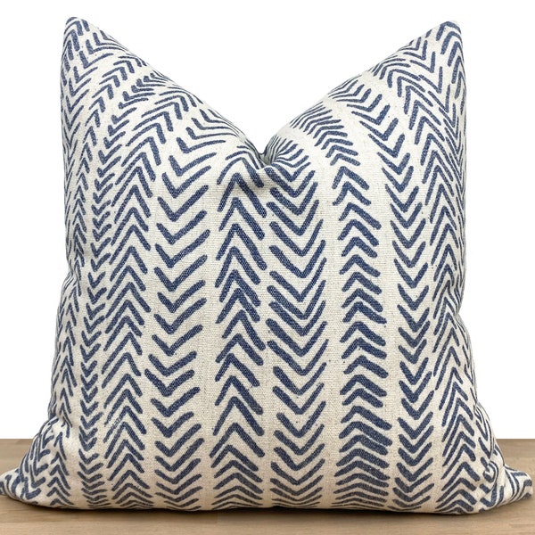 Blue Mudcloth Pillow Cover • Off White Indigo Arrow Design Linen Pillow Cover • Boho Mudcloth Euro Sham • Mudcloth Cushion ••  All Sizes