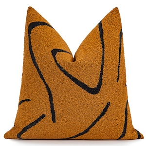 Burnt Orange Graffito Pillow Cover | Soft Textured Boucle Fabric with Black Details