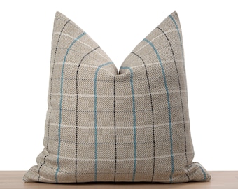 Beige Plaid Pillow Cover • Beige and Blue Throw Pillow • Neutral Plaid Pillow • Window Pen Design Fabric • Plaid Euro Pillow ••  All Sizes