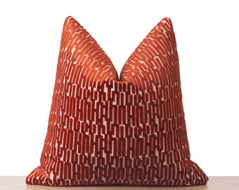 Rust Striped Pillow Cover • Designer Geometric Throw Pillow • Euro Sham Cover • Luxury Cushion • Textured Cut Velvet Fabric •• All Sizes