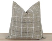Beige Plaid Pillow Cover, Neutral Linen Pillow Cover, Beige Window Pen Design Upholstery Fabric, Farmhouse Euro Sham Cover All Sizes