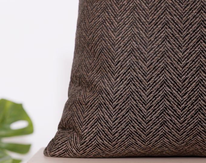 Woven Herringbone Pillow Cover • Woven Throw Pillow Cover • Herringbone Euro Sham • Earthy Pillow • Tobacco Brown and Black •• All Sizes