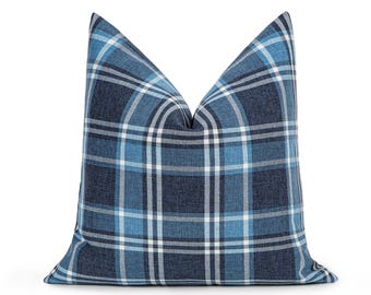Blue Plaid Linen Pillow Cover | Euro Sham & Cushion Sizes, We Pay Duty for USA