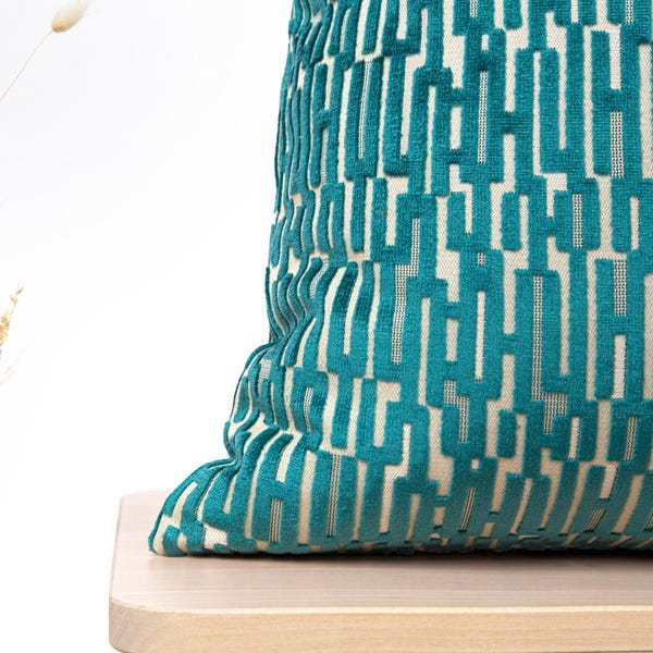 Teal Cut Velvet Pillow Cover • Geometric Euro Sham • Teal Cushion Cover • Crafted from Textured Cut Velvet Designer Fabric •• All Sizes