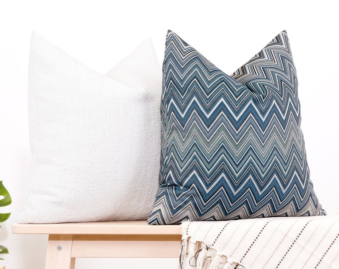 Blue Chevron Pillow Cover • Euro Sham Cover • Designer Geometric Pillow • Zigzag Textured Woven Throw Fabric • Luxury Pillow •• All Sizes