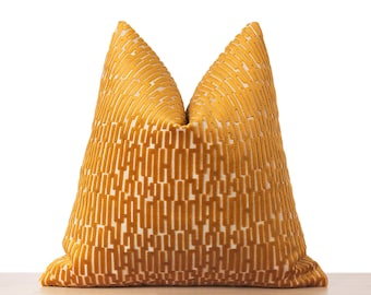Mustard Pillow Cover • Designer Throw Pillow •  Geometric Euro Sham Cover • Striped Cushion Cover • Textured Cut Velvet Fabric •• All Sizes