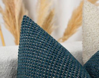 Teal Blue Textured Pillow Cover | Dotted Woven Thick Soft Euro Sham & Cushion