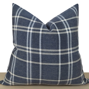 Navy Plaid Pillow Cover, Navy Blue Linen Plaid Pillow Cover, Navy Plaid Euro Sham Cover, Farmhouse Decor, Check Cushion All Sizes image 1