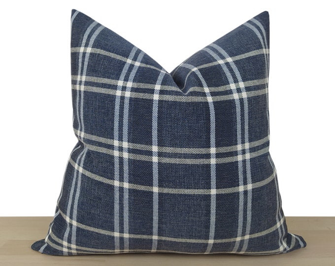 Navy Plaid Pillow Cover, Navy Blue Linen Plaid Pillow Cover, Navy Plaid Euro Sham Cover, Farmhouse Decor, Check Cushion | All Sizes