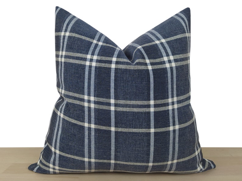 Navy Plaid Pillow Cover, Navy Blue Linen Plaid Pillow Cover, Navy Plaid Euro Sham Cover, Farmhouse Decor, Check Cushion All Sizes image 1