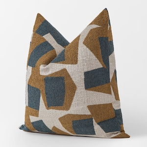Mustard Geometric Pillow Cover | Textured Euro Sham with Dusty Blue and Ivory