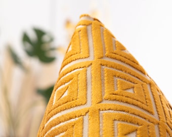 Mustard Geometric Pillow Cover • Textured Euro Sham Cover • Textured Cut Velvet Fabric • Luxury Couch Pillow Cover •• All Sizes