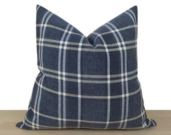 Navy Plaid Pillow Cover • Linen Plaid Cushion • Navy Blue Euro Sham • We Pay Duty for USA • Crafted from Soft Woven Linen Fabric • All Sizes