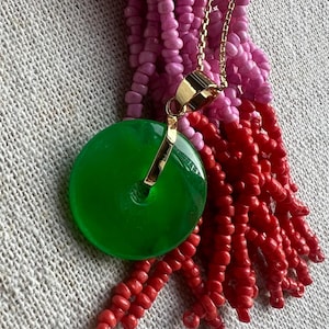 Jade small round donut pendant necklace,circle jade pendant necklace,green jade donut necklace,lucky necklace,gold jade necklace,green jade