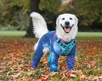 Fleece dog suit / 4 leg / walkies / waterproof / made to measure / small to large dogs / patterned