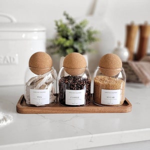 Glass Jar with Cork Ball Lid 500ml | Tea Coffee Sugar Set | Personalised Pantry Label | Kitchen Food Storage | Homeware | Eco Friendly