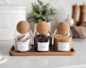 Glass Pantry Jar with Cork Ball Lid | Tea Coffee Sugar | Personalized Kitchen Storage