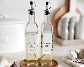 Refillable Oil Vinegar Glass Bottle Cruet Set with a Tray | Personalised Waterproof Label | Pantry Kitchen Jar | 450ml