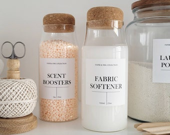 Laundry Utility Bottle with Cork Stopper | Home Storage Organisation | Fabric Softener Scent Boosters Washing Liquid | White Label