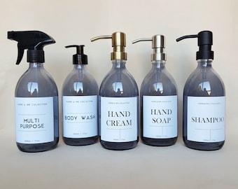 Smokey Grey Glass Pump Spray Bottle Personalised Label | Eco Friendly | Dish Hand Soap Shampoo  Dispenser | 500ml | Kitchen & Bathroom