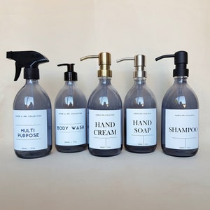 Smokey Grey Glass Pump Spray Bottle Personalised Label | Eco Friendly | Dish Hand Soap Shampoo  Dispenser | 500ml | Kitchen & Bathroom