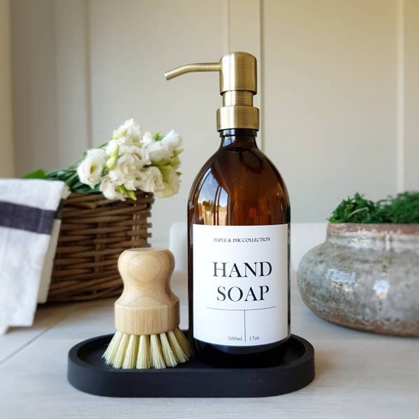 Amber Glass Pump Spray Bottle With Personalised Label | Eco Friendly | Dish Hand Soap Shampoo Cleaner Dispenser | 500ml | Kitchen & Bathroom