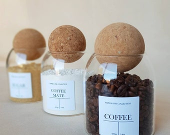 Set Mit 3 Korkkugel-Gläsern à 500 Ml – Ideal Für Tee, Kaffee & Zucker | BPA-frei, Mit Beschriftung & Stylischem Design | Küchen-Organizer & Geschenkidee