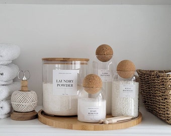 Laundry Utility Storage Jar Set | Personalised | Glass Pantry Jars | Home Organisation | White Label | Eco Friendly