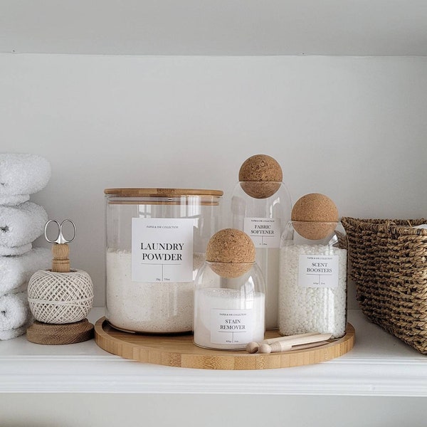Laundry Utility Storage Jar Set | Personalised | Glass Pantry Jars | Home Organisation | White Label | Eco Friendly