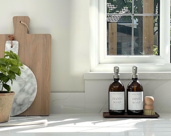 Amber Glass Soap Dispenser Set: Acacia Tray & Bamboo Brush