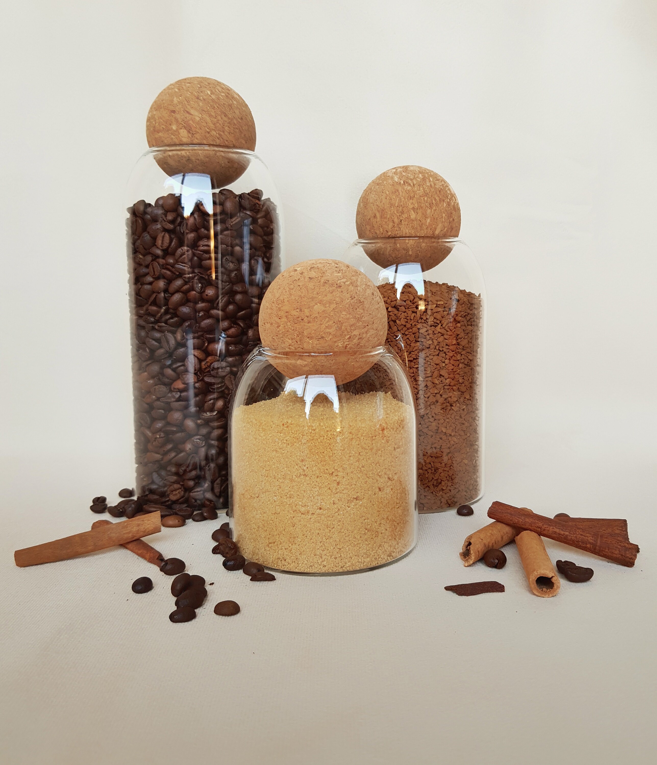Livabl Korkkugel-Gläser Set – 3x 500ml Vorratsgläser Für Kaffee, Tee & Zucker | Mit Praktischen Aufklebern