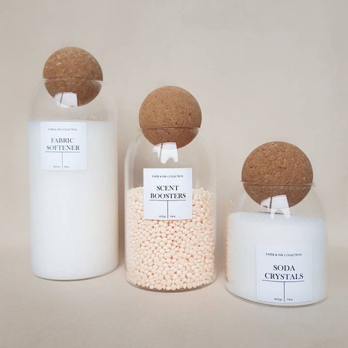 Set of 3 Glass Jars With Cork Ball Lid Personalised Pantry Etsy