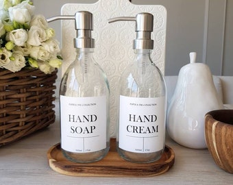 Clear Glass Pump Spray Bottle Personalised Label | Brass Silver Pump | Eco friendly | Dish Soap Shampoo Cleaner Dispenser | 500ml |