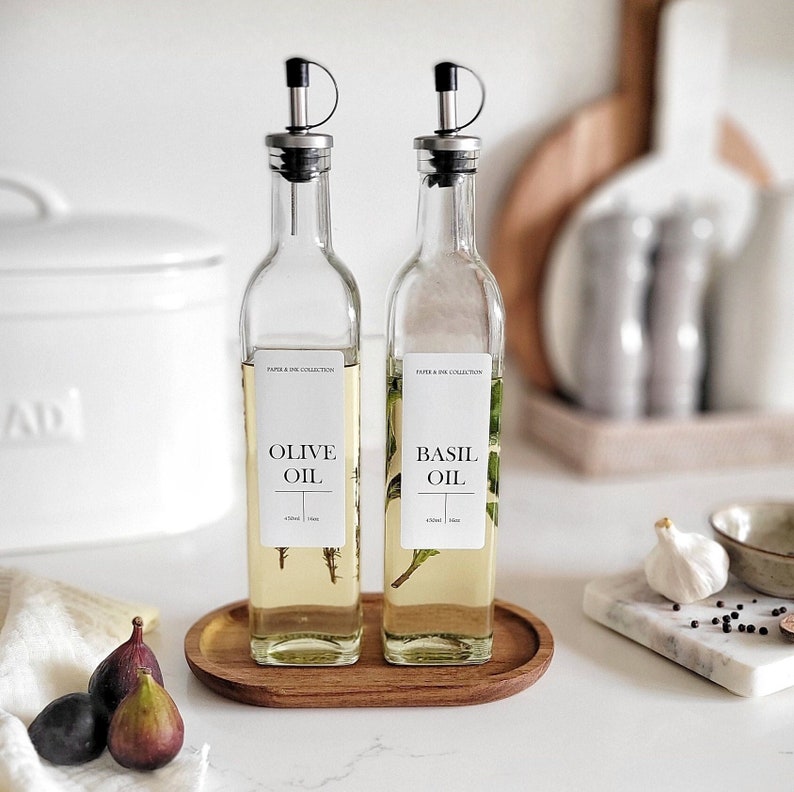 Refillable Oil Vinegar Glass Bottle Cruet Set with a Tray | Personalised Waterproof Label | Pantry Kitchen Jar | 450ml